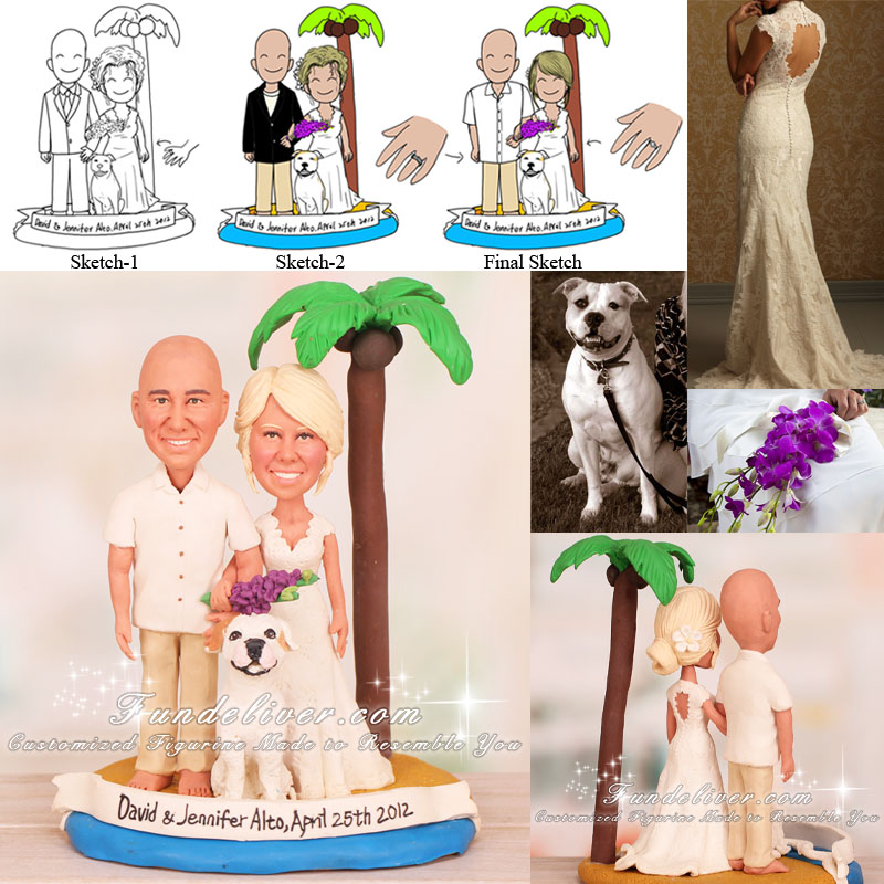 Beach Theme Bride Groom and Dog Wedding Cake Toppers
